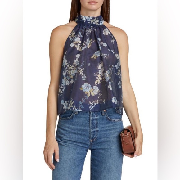 NWT WAYF Floral Halter Neck Top - Navy Blue Small - Picture 1 of 6